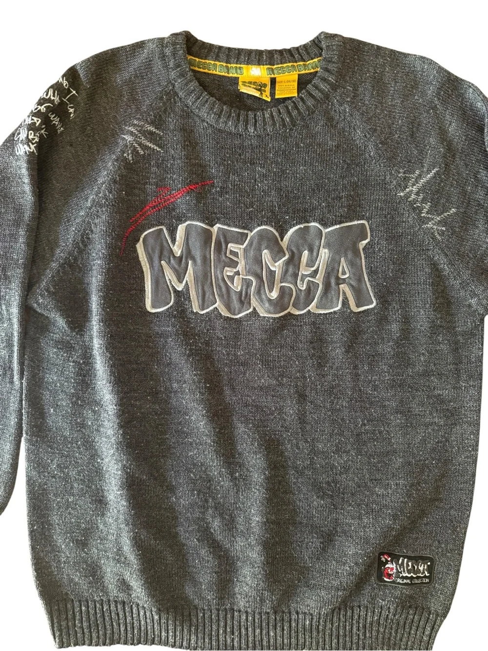 mecca Charcoal Gray Crewneck Sweater with White Elbow Patches and Red Accent boy